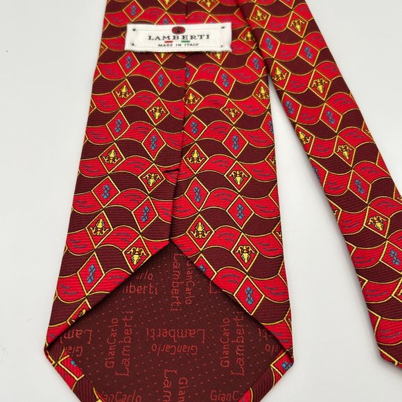 Lamberti Necktie Red Multicolor Diamond Emblem Business Office Italy - Picture 6 of 7